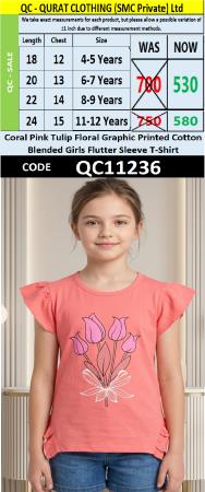 Coral Pink Tulip Floral Graphic Printed Cotton Blended Girls Flutter Sleeve T-Shirt QC11236