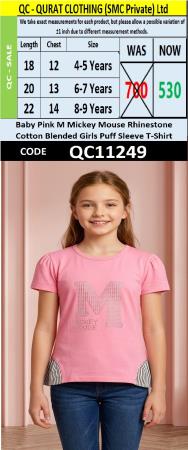 Baby Pink M Mickey Mouse Rhinestone Cotton Blended Girls Puff Sleeve T-Shirt QC11249