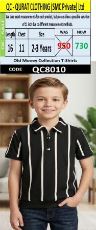 Old Money Black Ribbed Half-Zip Polo T-Shirt with Vertical Cream Stripe Design QC8010
