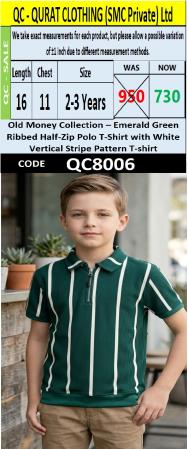 Old Money Collection – Emerald Green Ribbed Half-Zip Polo T-Shirt with White Vertical Stripe Pattern T-shirt – QC8006