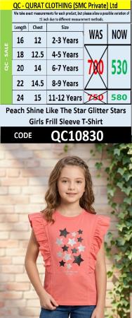Peach Shine Like The Star Glitter Stars Girls Frill Sleeve T-Shirt QC10830