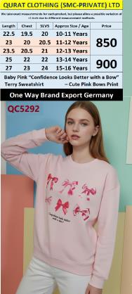 One Way Brand Baby Pink “CONFIDENCE LOOKS BETTER WITH A BOW” Terry Sweatshirt QC5292 – Export Germany