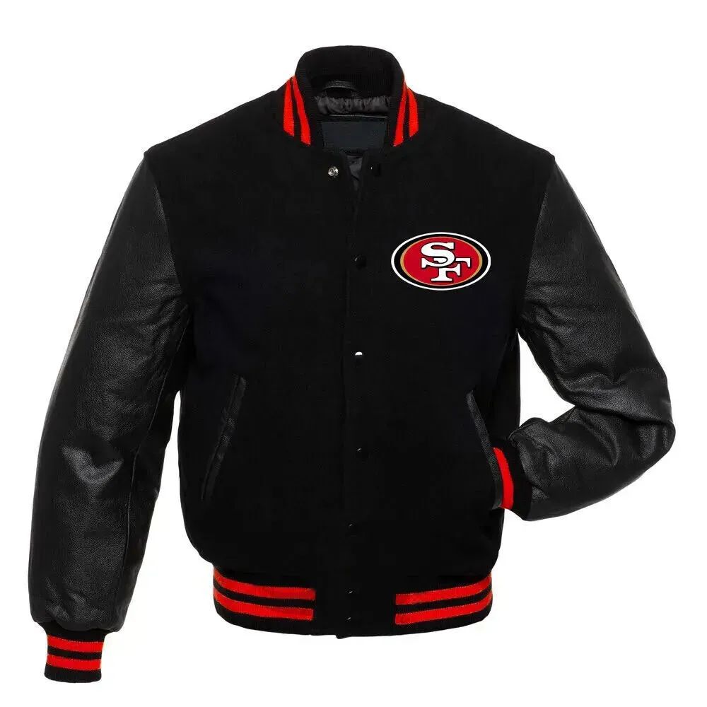 NFL League San Francisco 49ers Black Wool Leather Motorcycle Biker Bomber Letterman Varsity Jacket