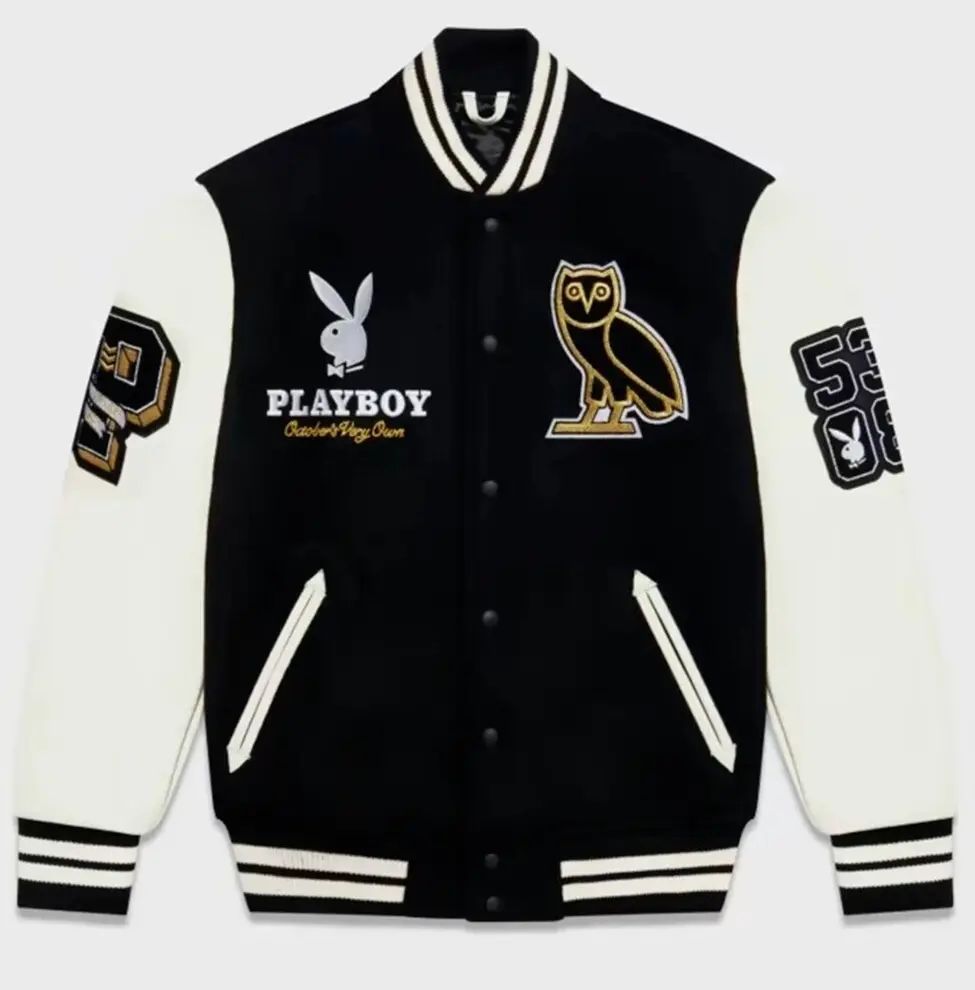 Playboy Collegiate Black and white Varsity Jacket With Leather Sleeves - YL-323