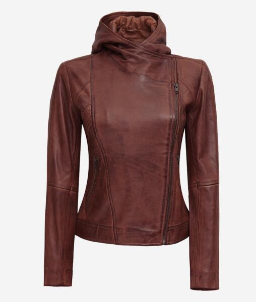 Georgetta Womens Asymmetrical Brown Leather Jacket with Hood - YL-98