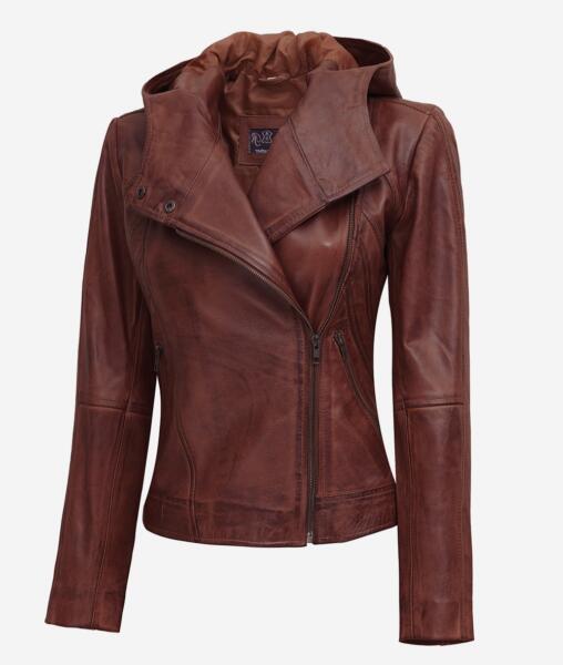 Georgetta Womens Asymmetrical Brown Leather Jacket with Hood - YL-98