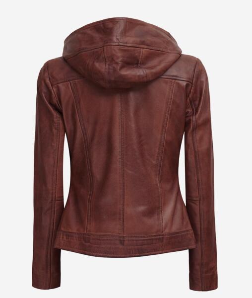 Georgetta Womens Asymmetrical Brown Leather Jacket with Hood - YL-98
