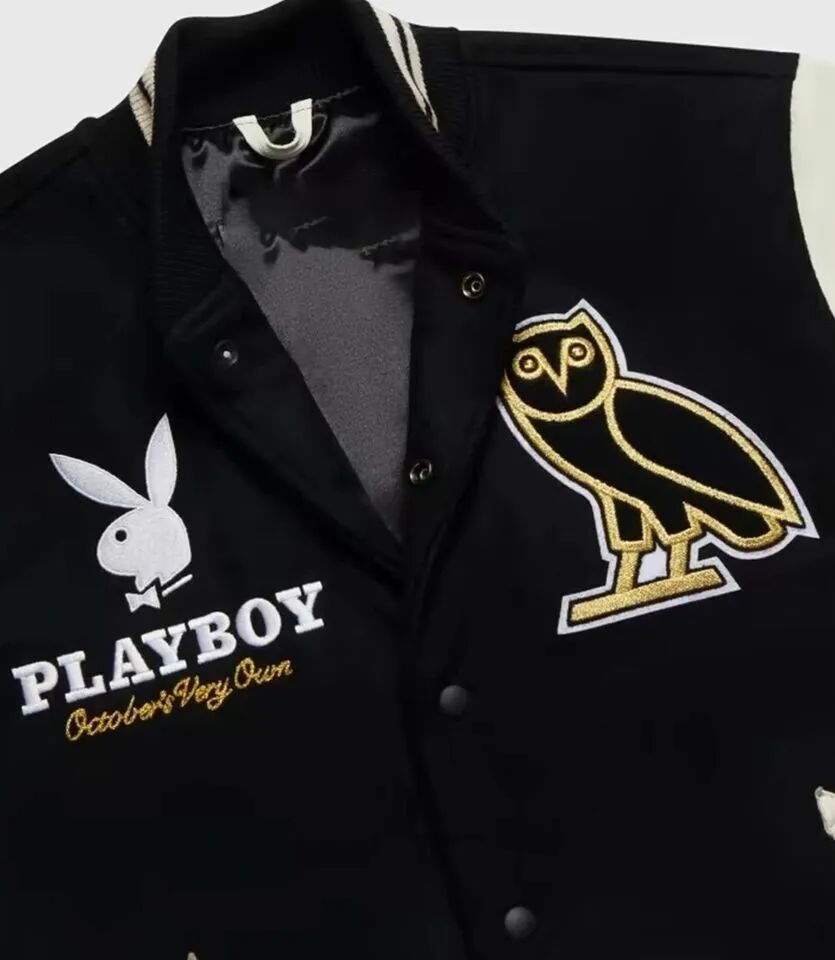 Playboy Collegiate Black and white Varsity Jacket With Leather Sleeves - YL-323