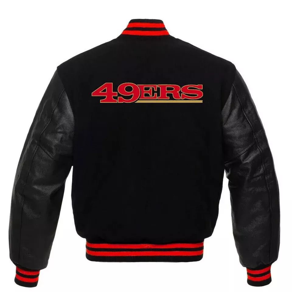 NFL League San Francisco 49ers Black Wool Leather Motorcycle Biker Bomber Letterman Varsity Jacket